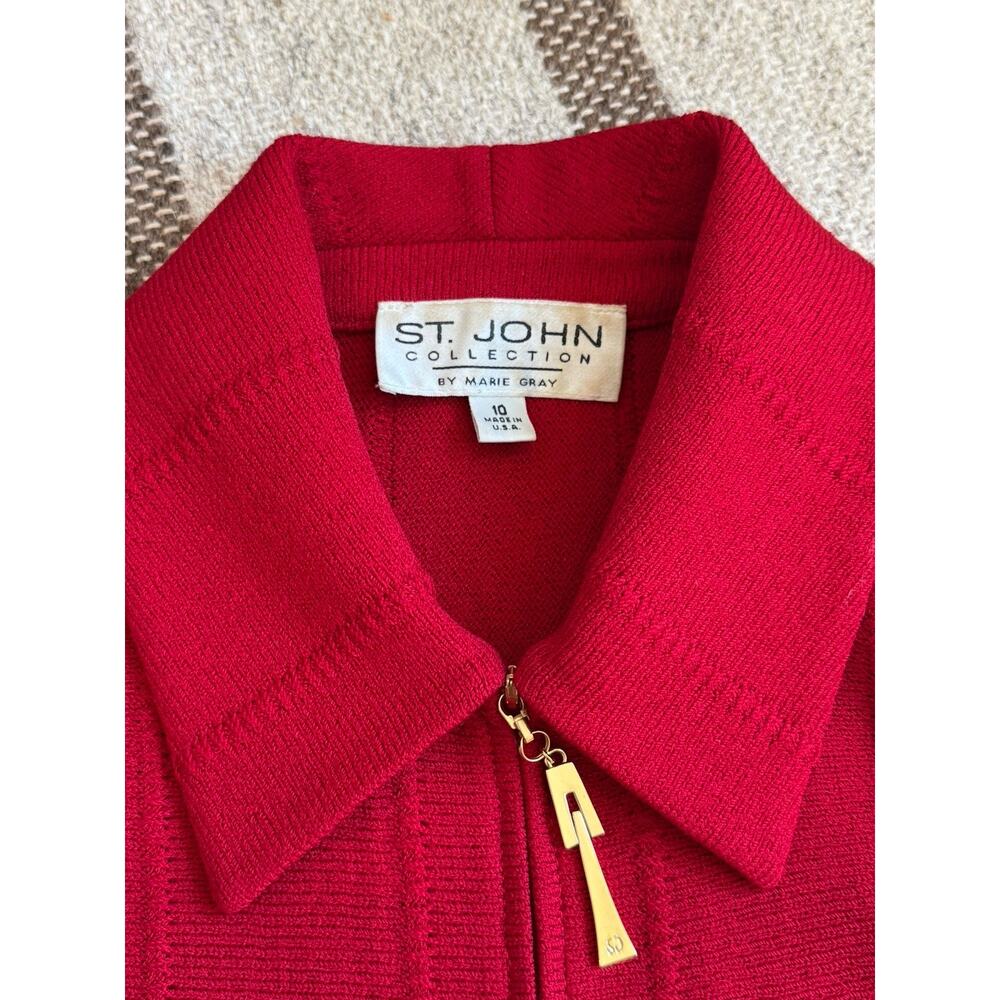 St John Marie Gray Red Jacket Bell Sleeve 10 Zip Large Crop Blazer Wool Vintage - Picture 4 of 10